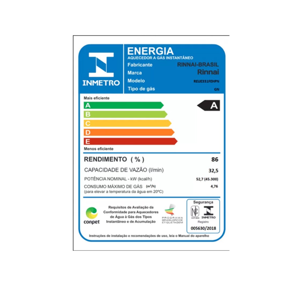 Aquecedor a Gás 32 litros REUE-331 FEH GN Preto Rinnai